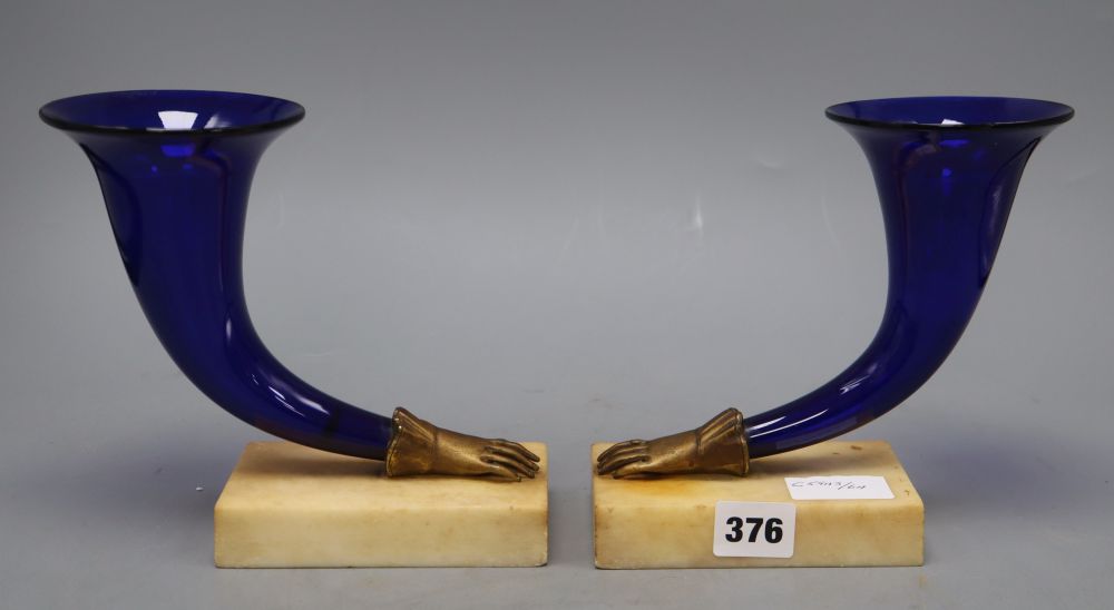 A pair of 19th century Bristol Blue cornucopia, height 17cm